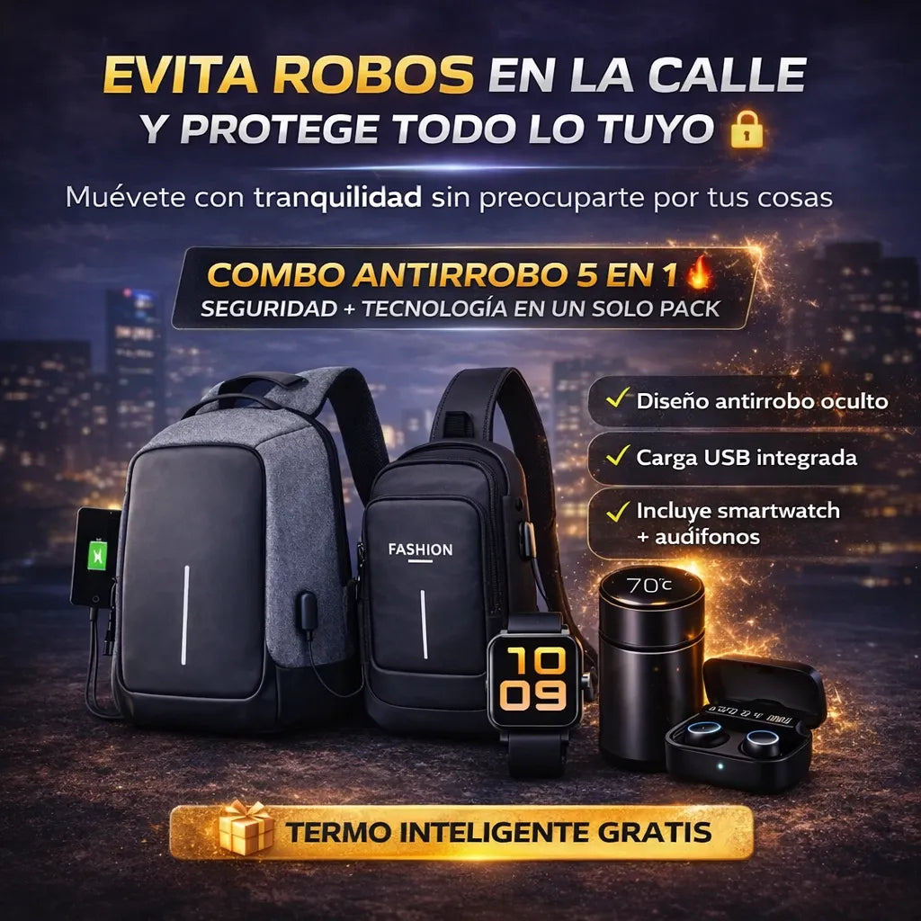 Super Combo Maleta Antirrobo Con Carga + Pechera + Reloj inteligente T500 + Audifonos M10 + Obsequio de Termo Inteligente🎁