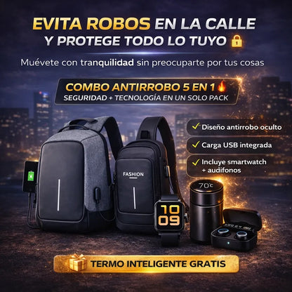 Super Combo Maleta Antirrobo Con Carga + Pechera + Reloj inteligente T500 + Audifonos M10 + Obsequio de Termo Inteligente🎁